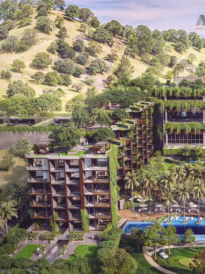 Another perspective of the Westin Nashik, highlighting how the architecture follows the natural contours of the hill. The integration of greenery on every level is a core part of our sustainable and biophilic design approach.