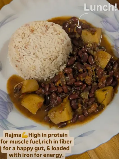 A classic comfort meal: Rajma Chawal. This dish is naturally high in plant protein for muscle fuel and rich in fiber for a happy gut.