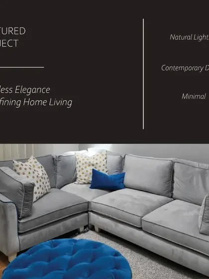 A featured project graphic highlighting our focus on timeless elegance, natural lighting, and contemporary, minimal design in home living.