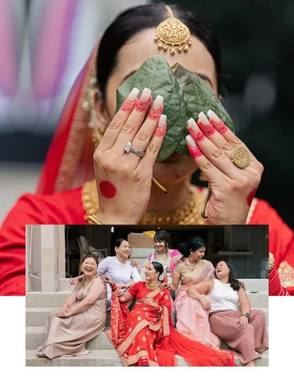 A collage of moments from a traditional Bengali wedding, including the 'shubho drishti' ritual where the bride covers her face with betel leaves.