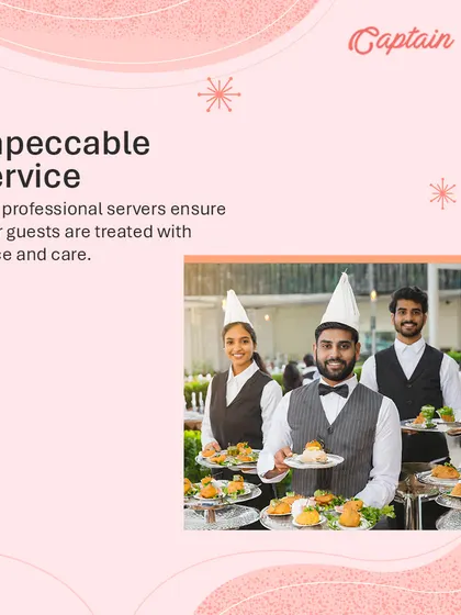 My professional team is the backbone of my service. Dressed in smart uniforms, my servers ensure every guest is treated with grace and care, allowing you to relax and enjoy your own celebration.