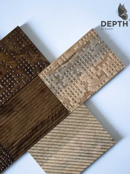 More examples from my textured veneer collection, showcasing pixelated and ribbed patterns. These finishes are designed to catch the light and create dynamic surfaces.