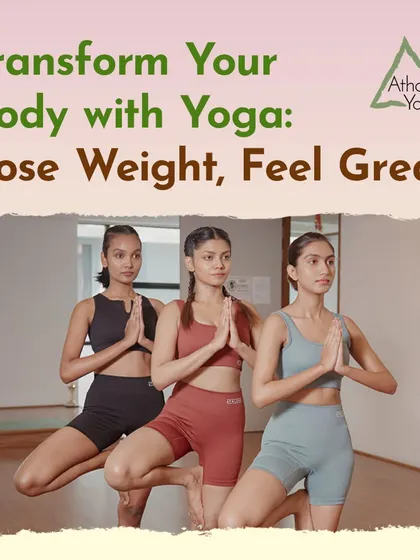 Transform your body and mind with yoga. This graphic shows three women in tree pose, representing the strength and balance you can achieve.