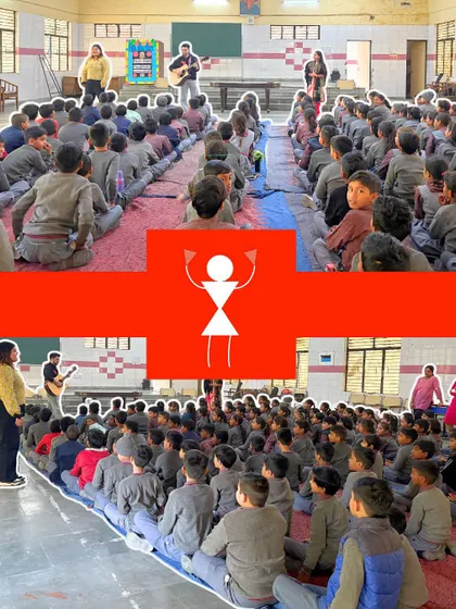 A composite view of our large-scale school sessions. We bring together hundreds of students, using music to create a powerful, unified experience of joyful learning and community building.