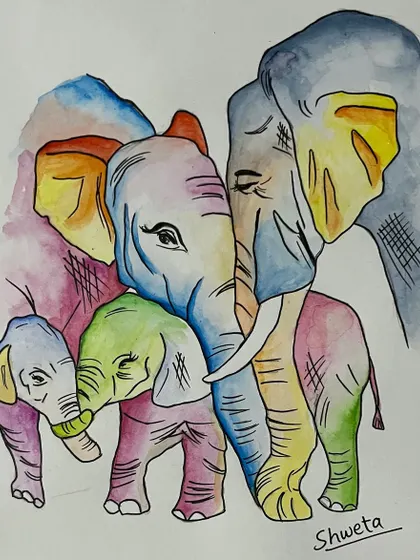 A colorful and abstract interpretation of an elephant family, rendered in watercolor with expressive line work.