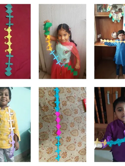 This collage highlights the variety of festive decorations the children made. Group art projects help build a sense of community and shared celebration.