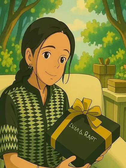 Another beautiful Ghibli-inspired illustration, showing a character happily receiving a Lush & Rapt gift box.