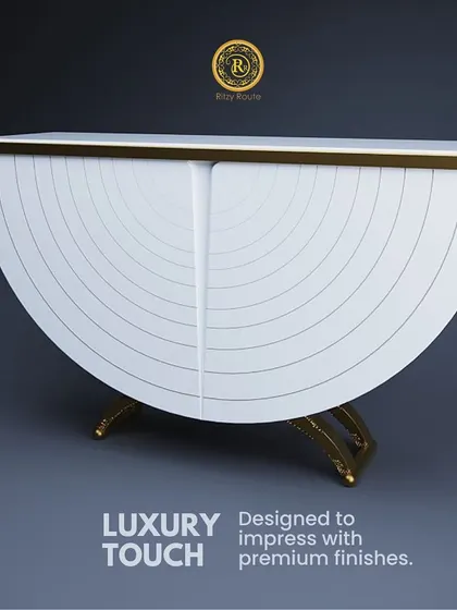 A luxury touch. This semi-circular white console table with gold accents and intricate line work is designed to impress with its premium finish and unique shape.
