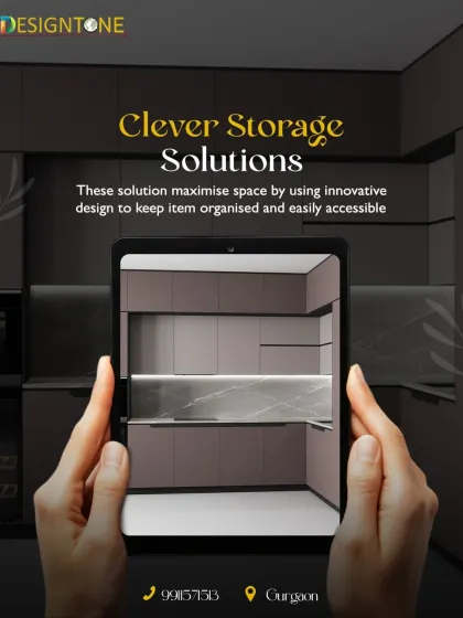 "Clever Storage Solutions" are a cornerstone of our designs. This graphic illustrates how we maximize space with innovative storage to keep your kitchen organized and accessible.