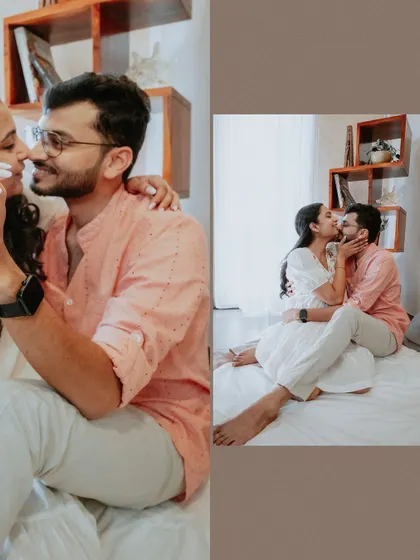 A close-up and a wider shot of the couple's kisses, combined in a warm-toned layout that emphasizes the romance of the moment.