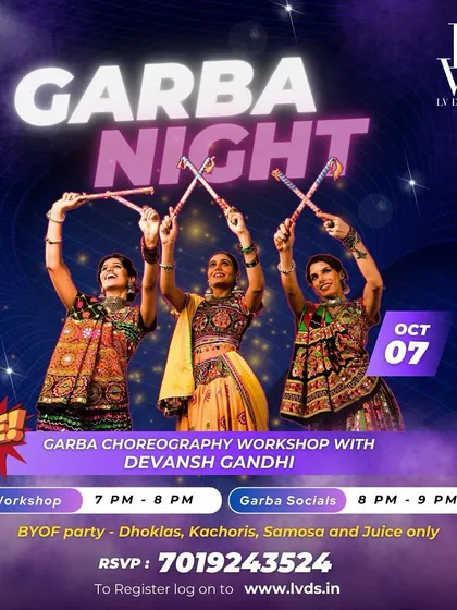 Join our Navratri party! This poster gives all the details for our free Garba choreography workshop and social, a festive event for our entire community.