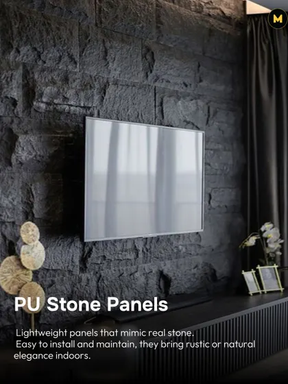PU stone panels give you the rustic elegance of real stone without the weight. They are lightweight, easy to install, and bring a natural, textured look indoors, as seen on this TV accent wall.