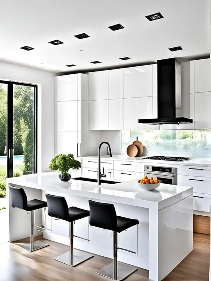 This minimalist white kitchen is perfect for an open-concept home. The island with a breakfast bar opens up to a view of the outdoors, blending indoor and outdoor living.
