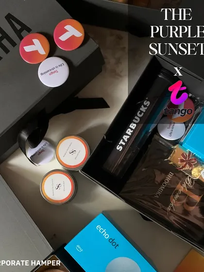 This hamper for Tango included an Amazon Echo Dot and other tech and lifestyle products, all presented in a premium, personalized box.