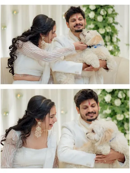 Even the furry family members get to be part of the celebration! A heartwarming moment with the couple and their adorable dog.
