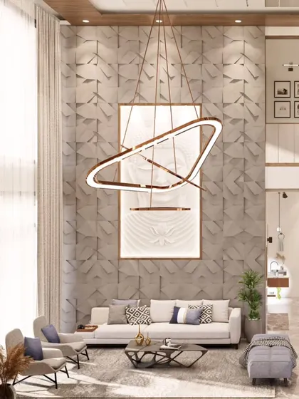 This render highlights the 22-foot long Buddha stone mural, which acts as a stunning focal point in the double-height living area of the North Bangalore villa.
