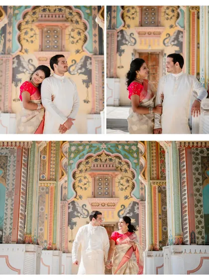 A collection of photos of Shiva and Nidhi at Patrika Gate, dressed in elegant South Indian attire, showing our versatility in catering to different cultural styles.
