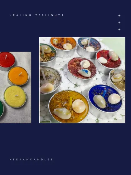 I believe in color therapy, and these healing tealights are a perfect example. I make them in various colors and top them with shells and herbs to soothe and elevate your spirit.