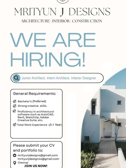 Mrityun J Designs in Chennai is hiring a Junior Architect with 0-1 year of experience, requiring proficiency in software like AutoCAD, Revit, and SketchUp.