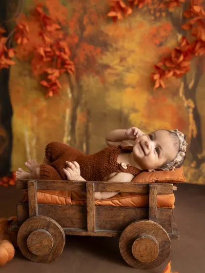 An autumn dream. This 3-month-old baby girl is relaxing in a rustic wagon, surrounded by the warm colors of fall. A perfect theme for a cozy milestone session.