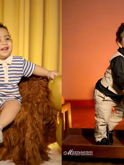 This image shows two different looks from a single first birthday session. On the left, a casual portrait in a striped shirt, and on the right, a more formal outfit with our vintage telephone prop, demonstrating the variety we can achieve in one photoshoot.