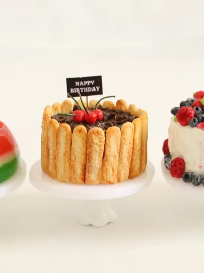 Another shot of the three beautiful miniature cakes, highlighting their unique designs.