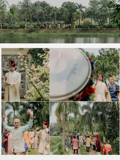 A collage showing the groom's baraat arriving at the serene Oleander Farms, a perfect example of an intimate yet joyous wedding procession.
