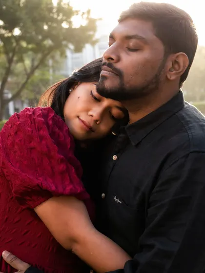 A peaceful and serene moment, with the couple embracing and finding comfort in each other's presence.