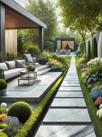 A beautifully manicured garden path. This design features a marble-tiled walkway bordered by low hedges and a variety of colorful flowers, leading to a secluded seating area in the distance.
