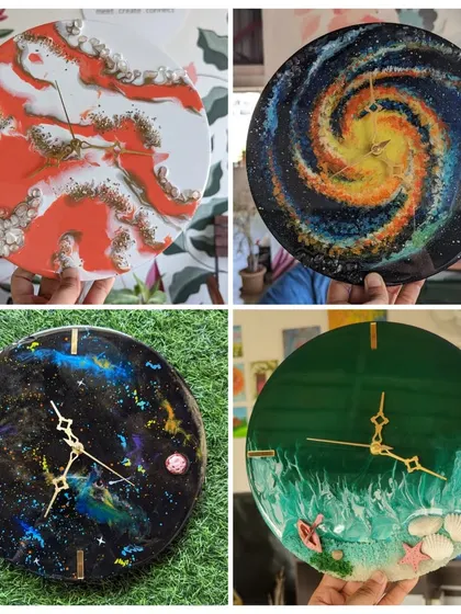 A beautiful collage of resin clocks created in our workshops. You can see the variety of styles, from fiery geode designs and swirling galaxies to serene beach scenes.
