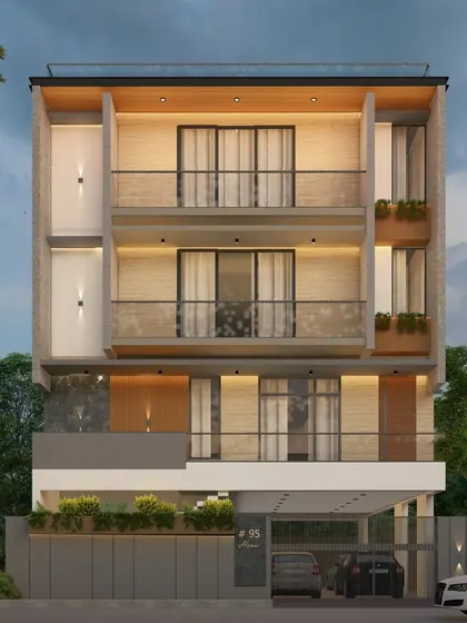 A 3-storey masterpiece where elegance meets innovation. This facade design features large balconies for each floor, with glass railings to maximize views and a mix of stone and wood finishes.