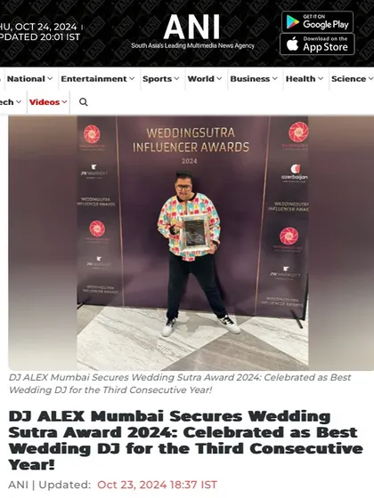 I am incredibly honored to be recognized by the industry. This screenshot from ANI news covers my third consecutive 'Best Wedding DJ' award from Wedding Sutra, a testament to the passion my team and I bring to every event.