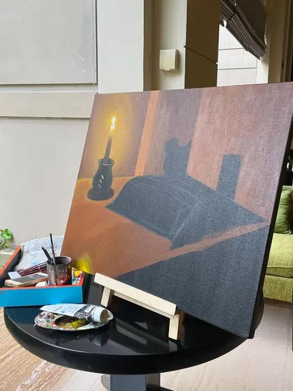 My work-in-progress painting, 'The Writer's Table', at the live art showcase.