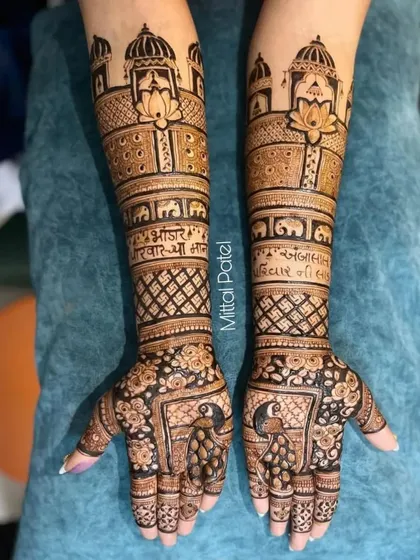 This full bridal design is a tribute to tradition, featuring palace architecture, elephants, and beautiful peacocks on the palms. The Sanskrit script adds a sacred and personal element to the artwork.
