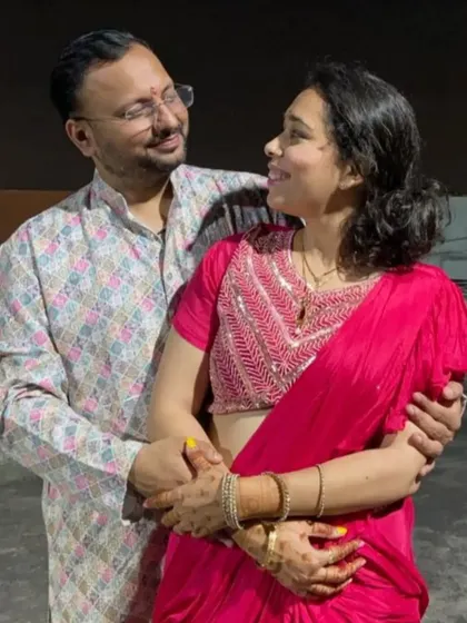 Ayushi and Vishnu celebrating Karwa Chauth. This image shows a couple, brought together by our platform, embracing traditions and celebrating their love and commitment.