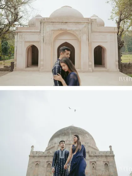 A two-panel image showing the couple's pre-wedding shoot at a historical Delhi monument. The top image is an intimate embrace, while the bottom is a more dynamic walking shot, showcasing different facets of their connection.