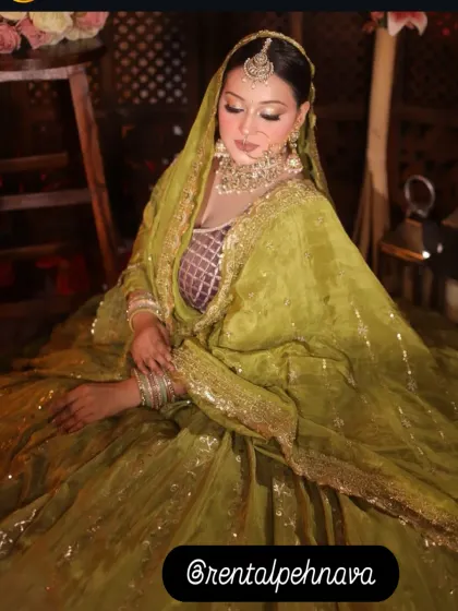 This mehndi-green Anarkali-style lehenga is both traditional and comfortable, allowing for easy movement during your functions.