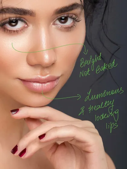 An educational image with our notes on what we focus on during a shoot. We highlight our goals for the under-eye area ("Bright Not Baked") and lips ("Luminous & Healthy looking") to give clients insight into our intentional approach.