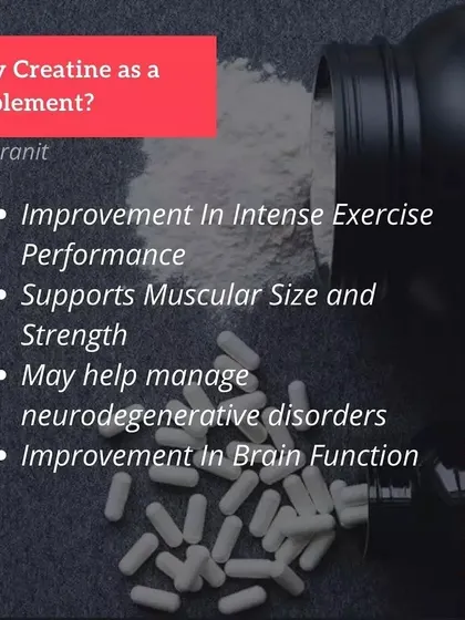 A summary of the key benefits of Creatine, focusing on its impact on intense exercise performance and muscular support.