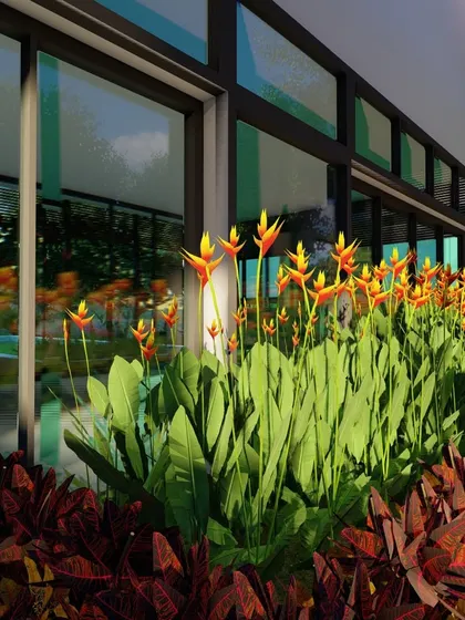 A close-up render focusing on the planting plan along the villa's exterior. This visualization highlights the vibrant orange of Heliconia flowers against a backdrop of dark red foliage and the building's glass walls.