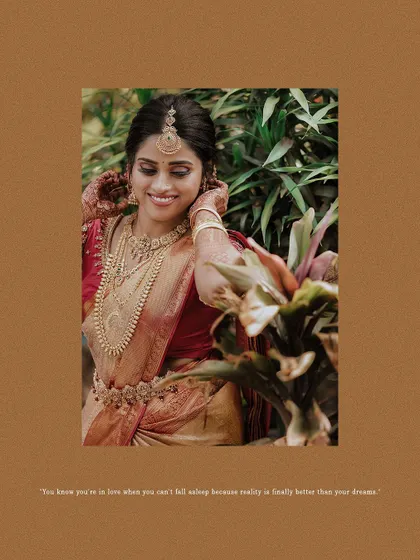 A close-up of the bride's smiling face, framed in a warm brown border with a romantic quote.