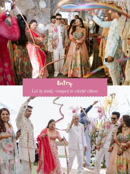 The couple's grand entry, led by family wrapped in colorful ribbons, setting a fun and festive tone for the mehendi.