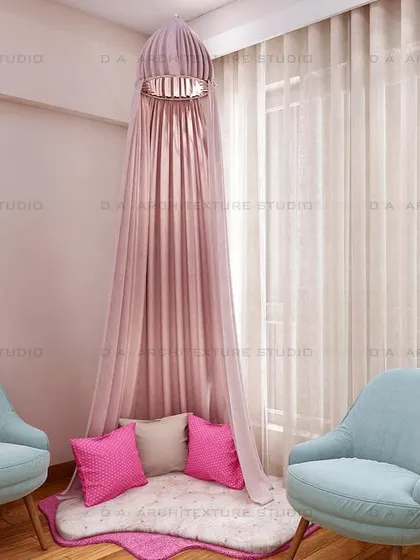 A cozy reading or play corner in the same room, with a pink canopy tent and comfortable seating, perfect for imaginative play.