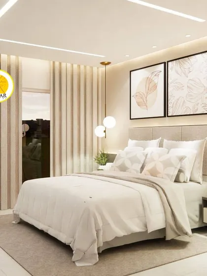 This view highlights the natural light and the clean, calming aesthetic of the bedroom design.