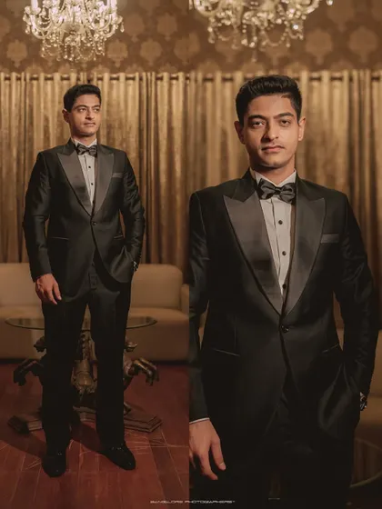 A collage of the groom's portraits. It showcases his smart reception tuxedo from different angles, capturing his confident and happy demeanor.