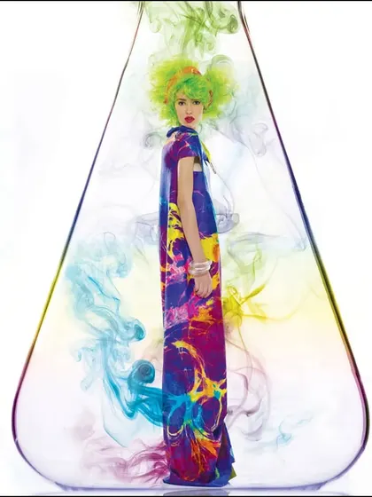 A creative fashion editorial for Elle magazine. The model, enclosed within a glass flask filled with colored smoke, becomes part of a beautiful chemical reaction, blending science with style.