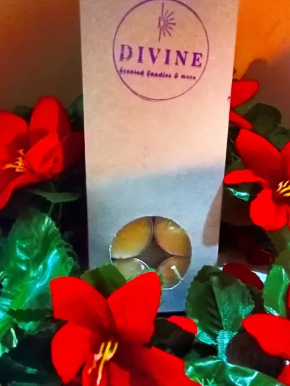 A close-up of the packaging for my scented or unscented tealights, nestled amongst bright red flowers.