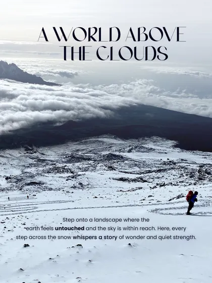 A lone climber trekking across a vast, untouched snowfield on Kilimanjaro. This is a world above the clouds, where every step whispers a story of quiet strength.