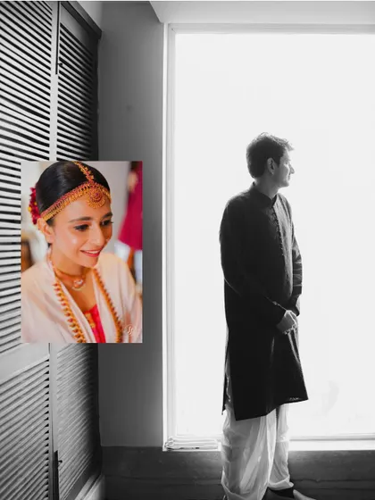 A black and white portrait of the groom looking out a window, juxtaposed with a color photo of his smiling bride, telling a story of anticipation.