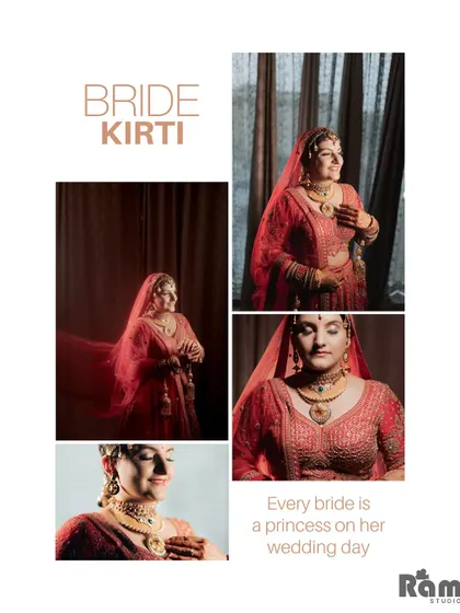 A lovely collage dedicated to "BRIDE KIRTI." It features several portraits that capture her grace and beauty from different angles, with a soft and romantic feel.